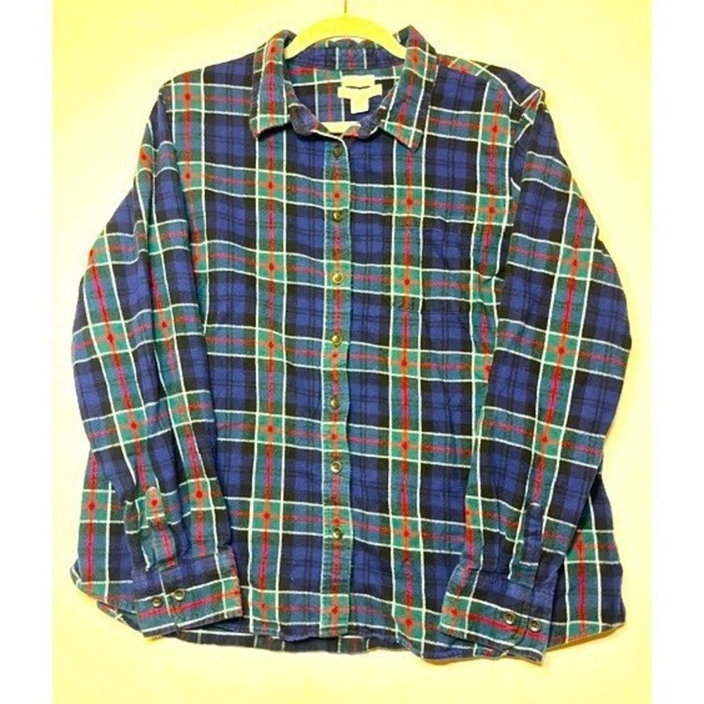 LL Bean Flannel Shirt Mens XL Blue Green Plaid Slightly Fitted Cotton 500845